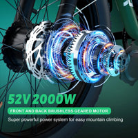 2000W Dual Motor AWD Fat Tire E-Bike – 52V 22.4Ah | 80-Mile Range | Full Suspension | 31+ MPH
