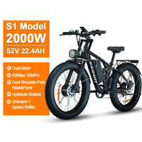 2000W Dual Motor AWD Fat Tire E-Bike – 52V 22.4Ah | 80-Mile Range | Full Suspension | 31+ MPH