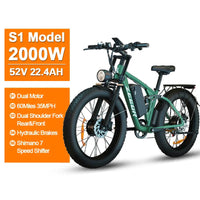 2000W Dual Motor AWD Fat Tire E-Bike – 52V 22.4Ah | 80-Mile Range | Full Suspension | 31+ MPH