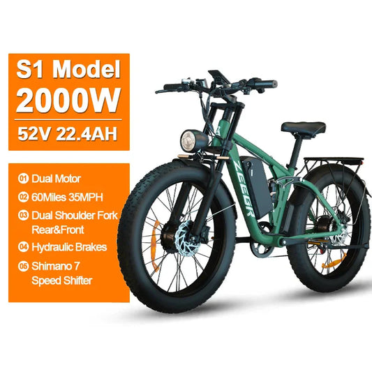 2000W Dual Motor AWD Fat Tire E-Bike – 52V 22.4Ah | 80-Mile Range | Full Suspension | 31+ MPH